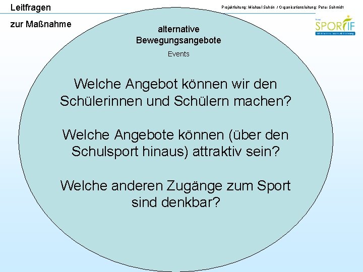 Leitfragen Projektleitung: Michael Schön / Organisationsleitung: Peter Schmidt zur Maßnahme alternative Bewegungsangebote Events Welche