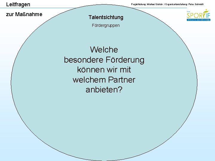 Leitfragen zur Maßnahme Projektleitung: Michael Schön / Organisationsleitung: Peter Schmidt Talentsichtung Fördergruppen Welche besondere