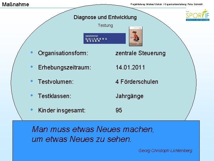 Maßnahme Projektleitung: Michael Schön / Organisationsleitung: Peter Schmidt Diagnose und Entwicklung Testung • Organisationsform: