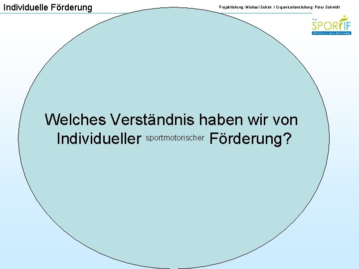 Individuelle Förderung Projektleitung: Michael Schön / Organisationsleitung: Peter Schmidt Welches Verständnis haben wir von