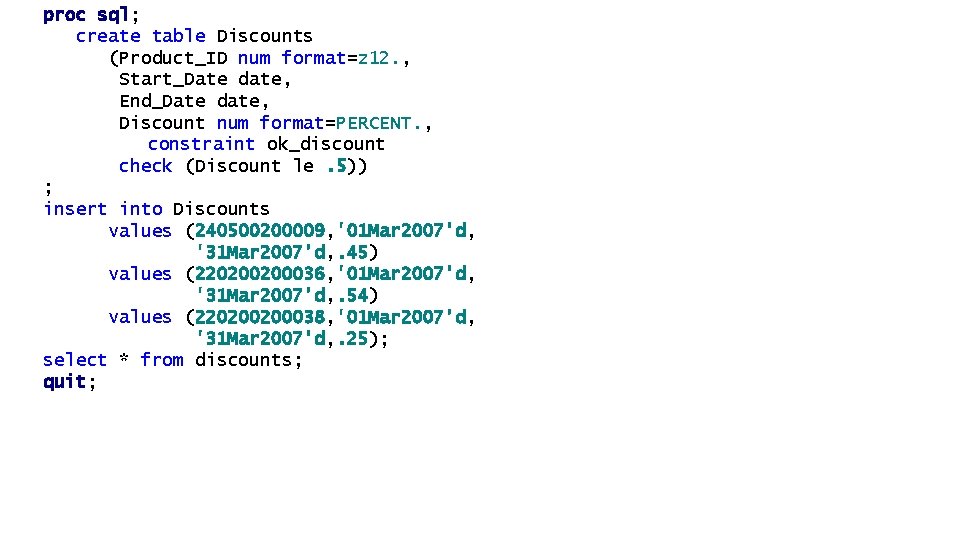 proc sql; create table Discounts (Product_ID num format=z 12. , Start_Date date, End_Date date, proc sql; create table Discounts (Product_ID num format=z 12. , Start_Date date, End_Date date,
