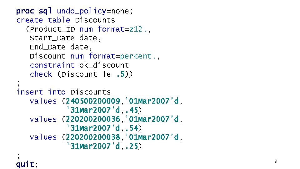 proc sql undo_policy=none; create table Discounts (Product_ID num format=z 12. , Start_Date date, End_Date proc sql undo_policy=none; create table Discounts (Product_ID num format=z 12. , Start_Date date, End_Date