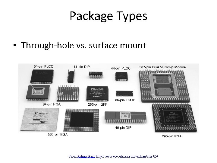Package Types • Through-hole vs. surface mount From Adnan Aziz http: //www. ece. utexas.