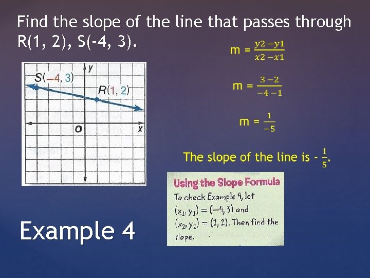 Find the slope of the line that passes through R(1, 2), S(-4, 3). Example