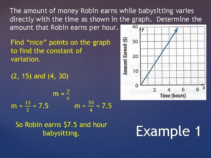 The amount of money Robin earns while babysitting varies directly with the time as