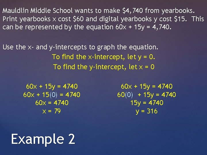 Mauldlin Middle School wants to make $4, 740 from yearbooks. Print yearbooks x cost