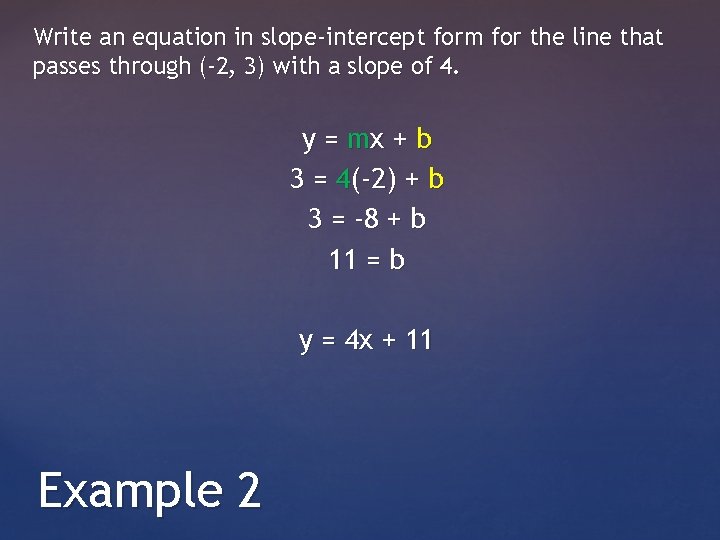 Write an equation in slope-intercept form for the line that passes through (-2, 3)