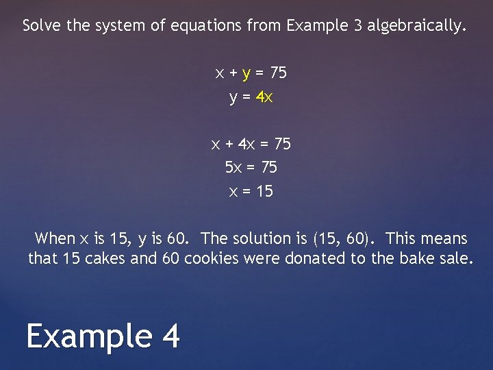 Solve the system of equations from Example 3 algebraically. x + y = 75