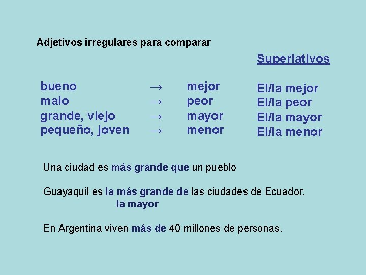 Adjetivos irregulares para comparar Superlativos bueno malo grande, viejo pequeño, joven → → mejor