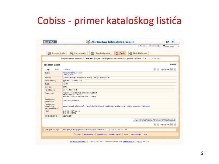 Cobiss - primer kataloškog listića 21 
