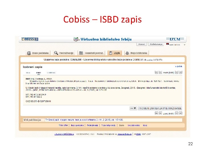 Cobiss – ISBD zapis 22 
