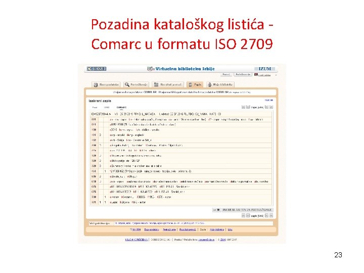 Pozadina kataloškog listića Comarc u formatu ISO 2709 23 