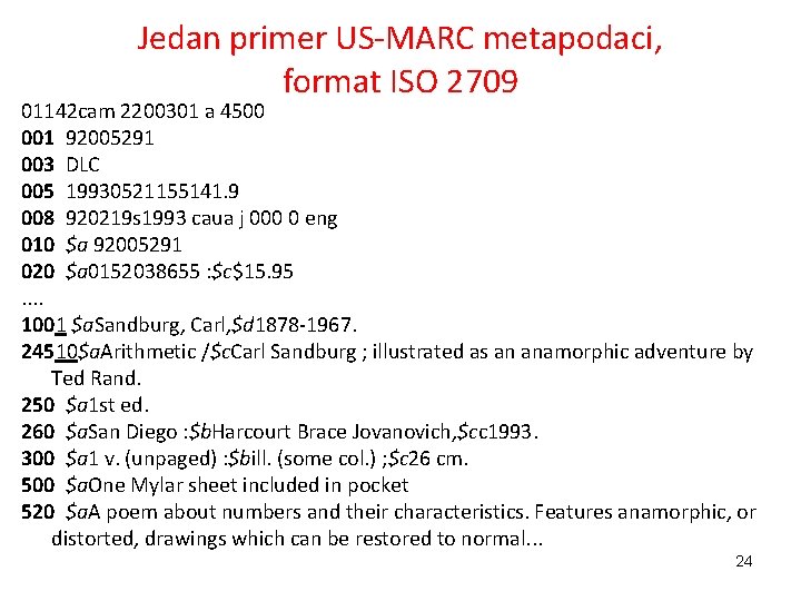 Jedan primer US-MARC metapodaci, format ISO 2709 01142 cam 2200301 a 4500 001 92005291