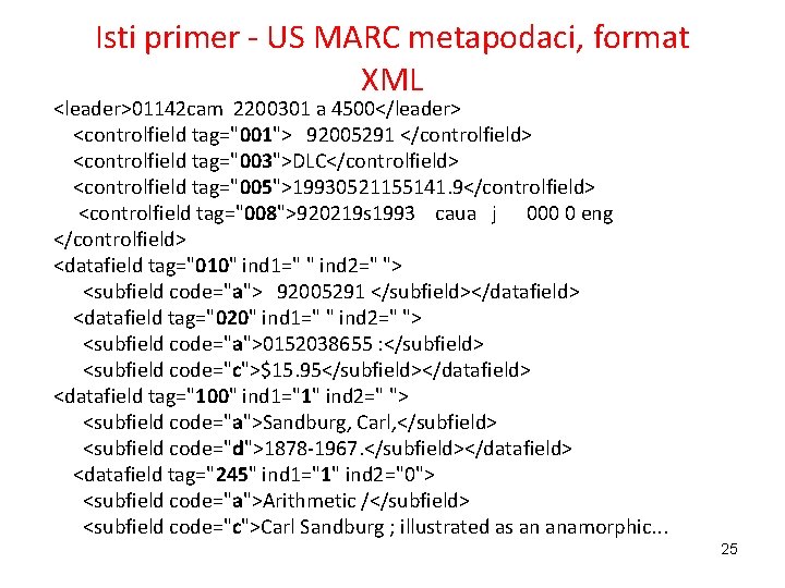 Isti primer - US MARC metapodaci, format XML <leader>01142 cam 2200301 a 4500</leader> <controlfield