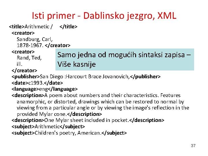 Isti primer - Dablinsko jezgro, XML <title>Arithmetic / </title> <creator> Sandburg, Carl, 1878 -1967.