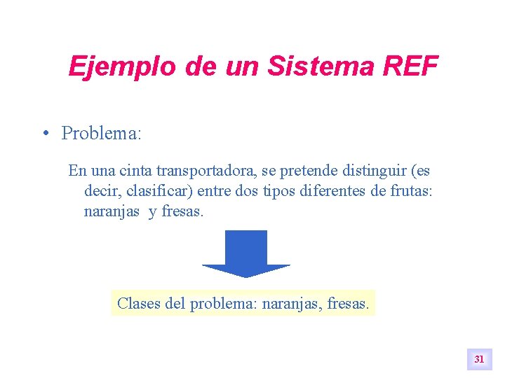 Ejemplo de un Sistema REF • Problema: En una cinta transportadora, se pretende distinguir Ejemplo de un Sistema REF • Problema: En una cinta transportadora, se pretende distinguir