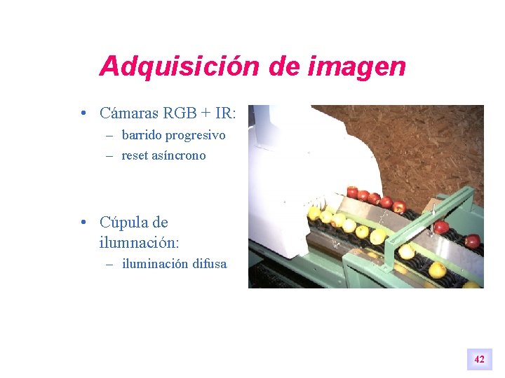 Adquisición de imagen • Cámaras RGB + IR: – barrido progresivo – reset asíncrono Adquisición de imagen • Cámaras RGB + IR: – barrido progresivo – reset asíncrono