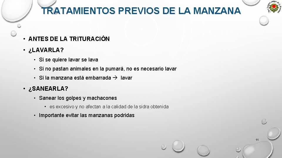 TRATAMIENTOS PREVIOS DE LA MANZANA • ANTES DE LA TRITURACIÓN • ¿LAVARLA? • Si