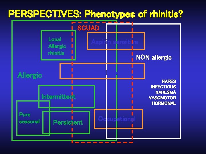 PERSPECTIVES: Phenotypes of rhinitis? SCUAD Local Allergic rhinitis Aspirin sensitive NON allergic CRS-polyposis Allergic