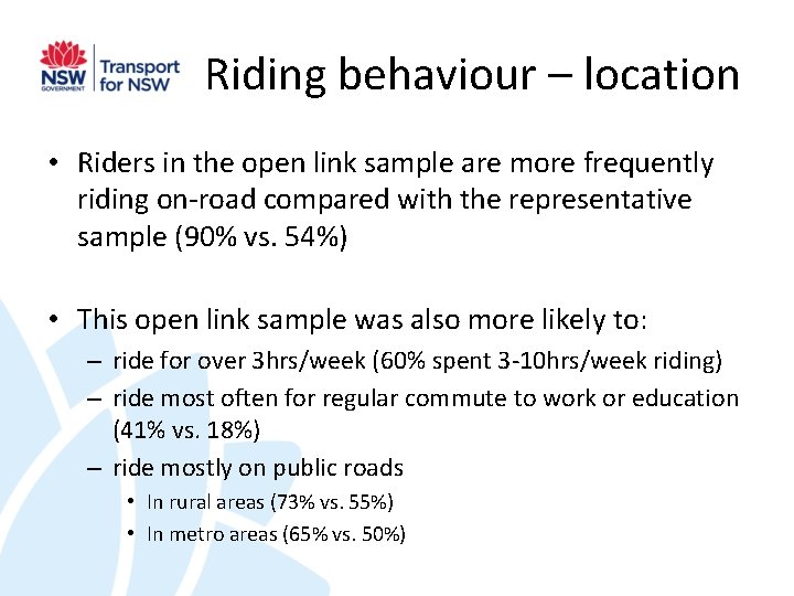 Riding behaviour – location • Riders in the open link sample are more frequently