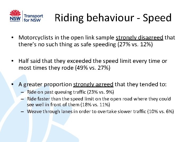 Riding behaviour - Speed • Motorcyclists in the open link sample strongly disagreed that