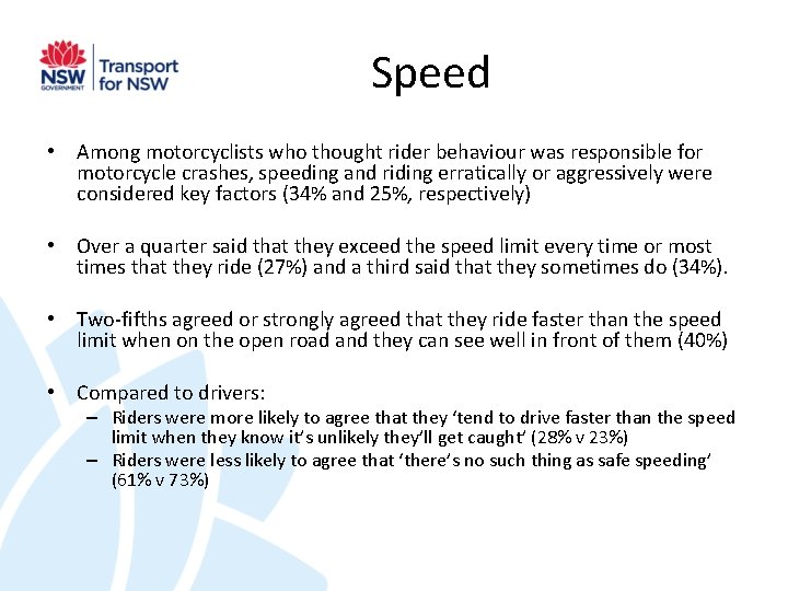 Speed • Among motorcyclists who thought rider behaviour was responsible for motorcycle crashes, speeding