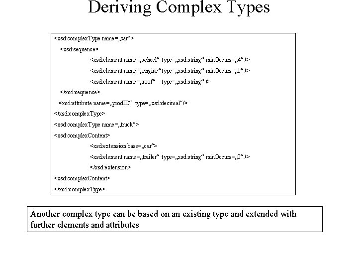 Deriving Complex Types <xsd: complex. Type name=„car“> <xsd: sequence> <xsd: element name=„wheel“ type=„xsd: string“