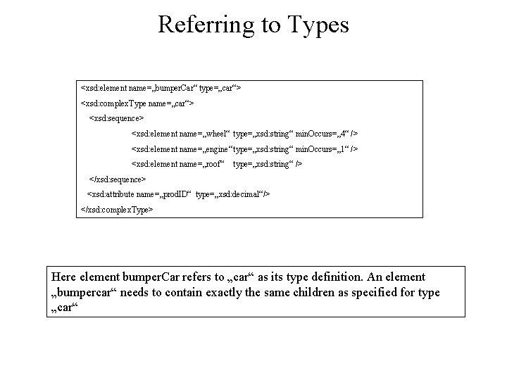 Referring to Types <xsd: element name=„bumper. Car“ type=„car“> <xsd: complex. Type name=„car“> <xsd: sequence>