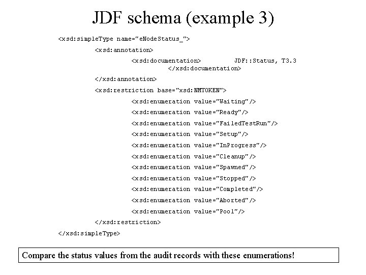 JDF schema (example 3) <xsd: simple. Type name="e. Node. Status_"> <xsd: annotation> <xsd: documentation>