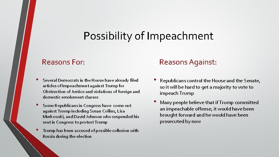Possibility of Impeachment Reasons For: • Several Democrats in the House have already filed