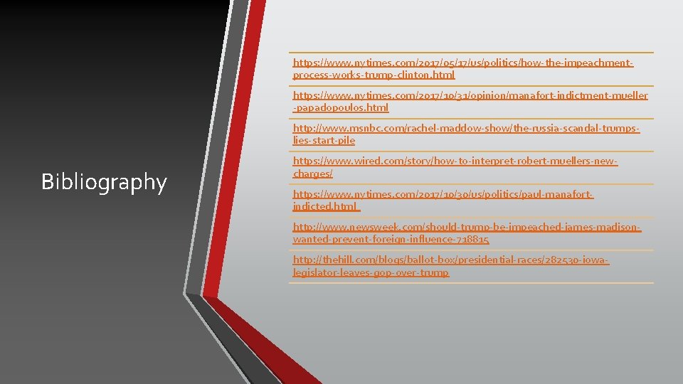 https: //www. nytimes. com/2017/05/17/us/politics/how-the-impeachmentprocess-works-trump-clinton. html https: //www. nytimes. com/2017/10/31/opinion/manafort-indictment-mueller -papadopoulos. html http: //www. msnbc.