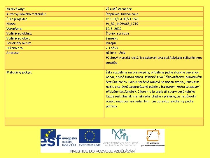 Název školy: Autor výukového materiálu: Číslo projektu: Název: Vytvořeno: Vzdělávací oblast: Vzdělávací obor: Tematický