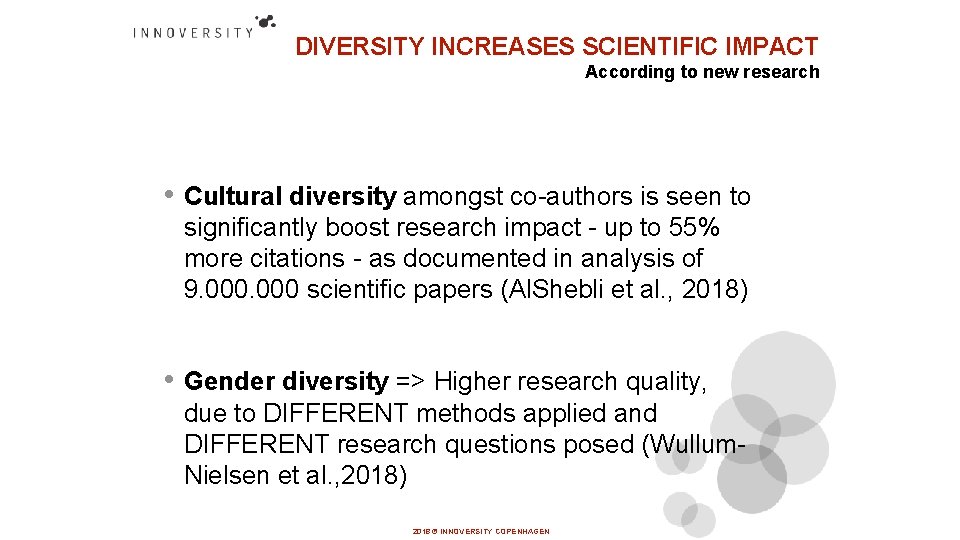 DIVERSITY INCREASES SCIENTIFIC IMPACT According to new research • Cultural diversity amongst co-authors is