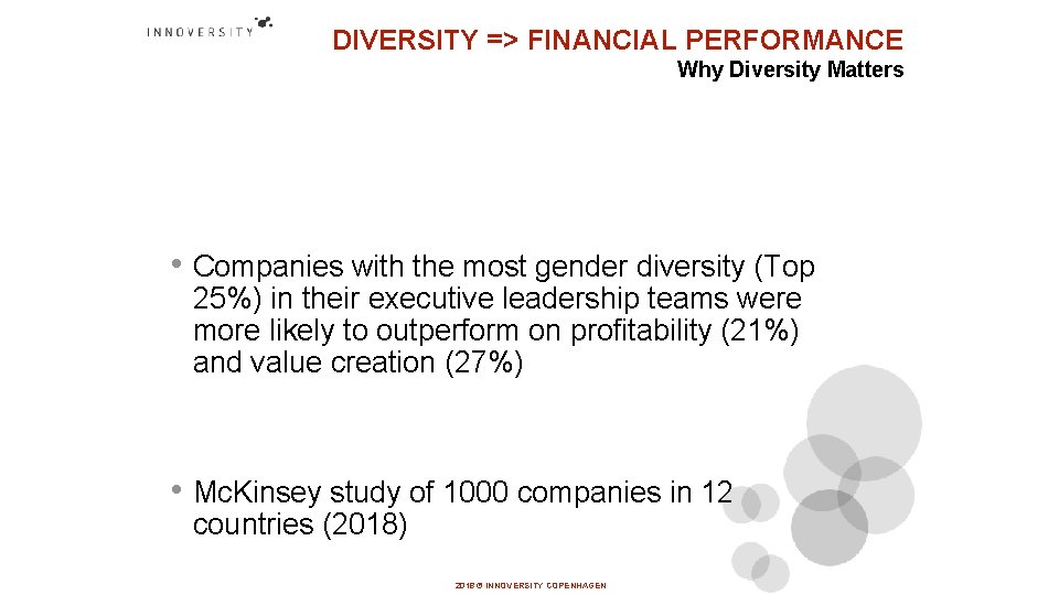 DIVERSITY => FINANCIAL PERFORMANCE Why Diversity Matters • Companies with the most gender diversity