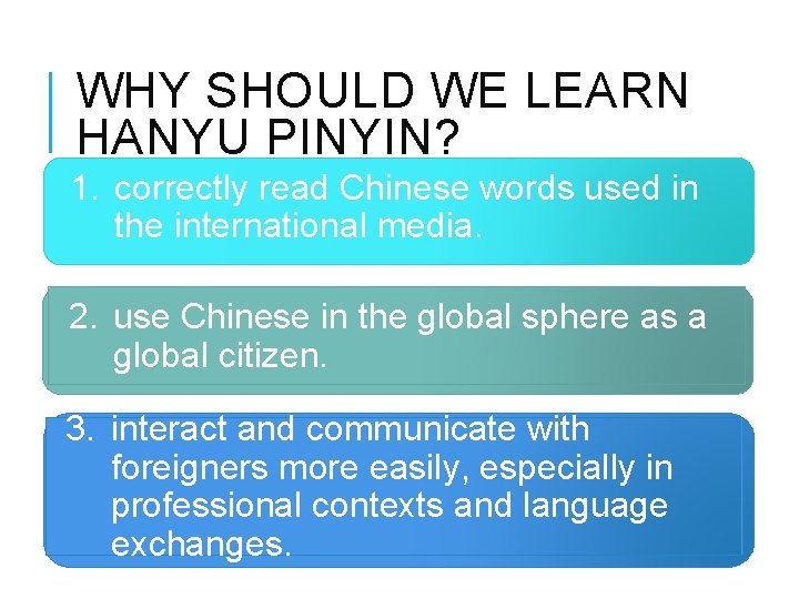 WHY SHOULD WE LEARN HANYU PINYIN? 1. correctly read Chinese words used in the