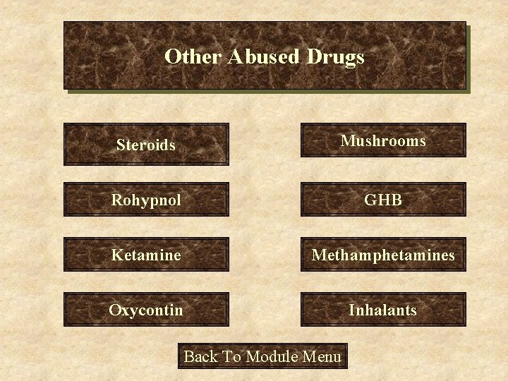 Other Abused Drugs Steroids Mushrooms Rohypnol GHB Ketamine Methamphetamines Oxycontin Inhalants Back To Module