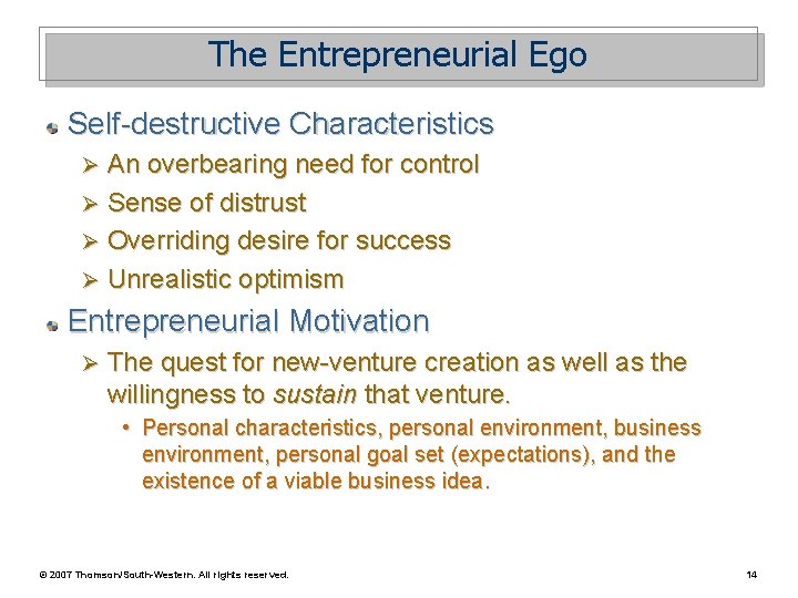 The Entrepreneurial Ego Self-destructive Characteristics An overbearing need for control Ø Sense of distrust The Entrepreneurial Ego Self-destructive Characteristics An overbearing need for control Ø Sense of distrust