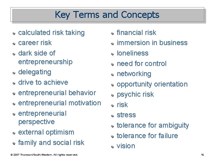 Key Terms and Concepts calculated risk taking career risk dark side of entrepreneurship delegating Key Terms and Concepts calculated risk taking career risk dark side of entrepreneurship delegating