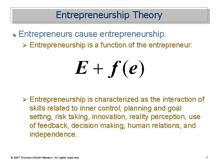 Entrepreneurship Theory Entrepreneurs cause entrepreneurship. Ø Entrepreneurship is a function of the entrepreneur: Ø Entrepreneurship Theory Entrepreneurs cause entrepreneurship. Ø Entrepreneurship is a function of the entrepreneur: Ø
