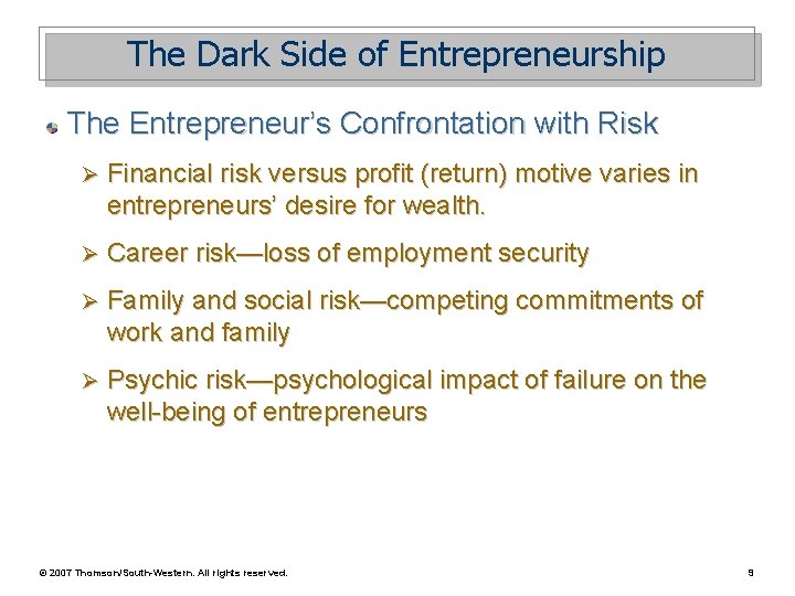 The Dark Side of Entrepreneurship The Entrepreneur’s Confrontation with Risk Ø Financial risk versus The Dark Side of Entrepreneurship The Entrepreneur’s Confrontation with Risk Ø Financial risk versus