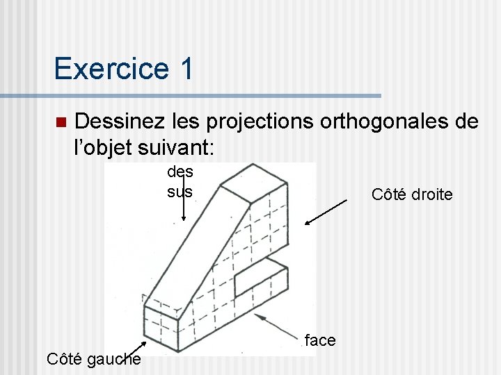 Exercice 1 n Dessinez les projections orthogonales de l’objet suivant: des sus Côté droite