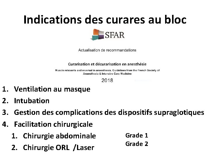 Indications des curares au bloc 1. 2. 3. 4. Ventilation au masque Intubation Gestion