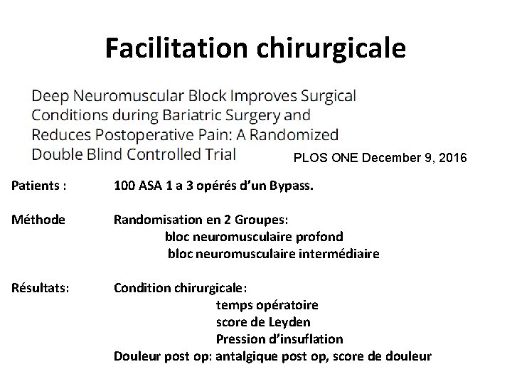 Facilitation chirurgicale PLOS ONE December 9, 2016 Patients : 100 ASA 1 a 3
