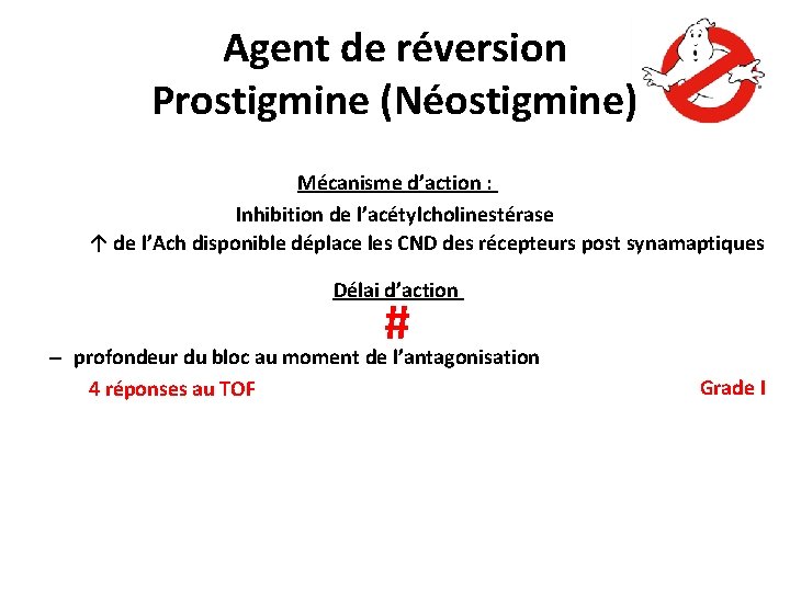 Agent de réversion Prostigmine (Néostigmine) Mécanisme d’action : Inhibition de l’acétylcholinestérase ↑ de l’Ach