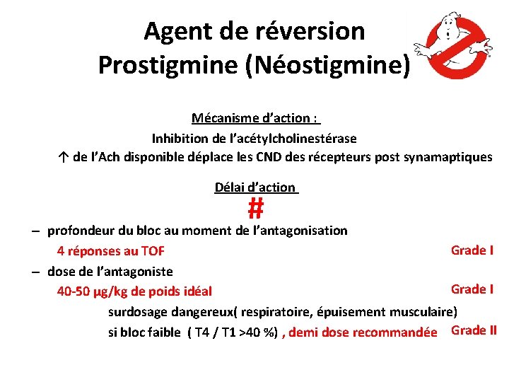 Agent de réversion Prostigmine (Néostigmine) Mécanisme d’action : Inhibition de l’acétylcholinestérase ↑ de l’Ach