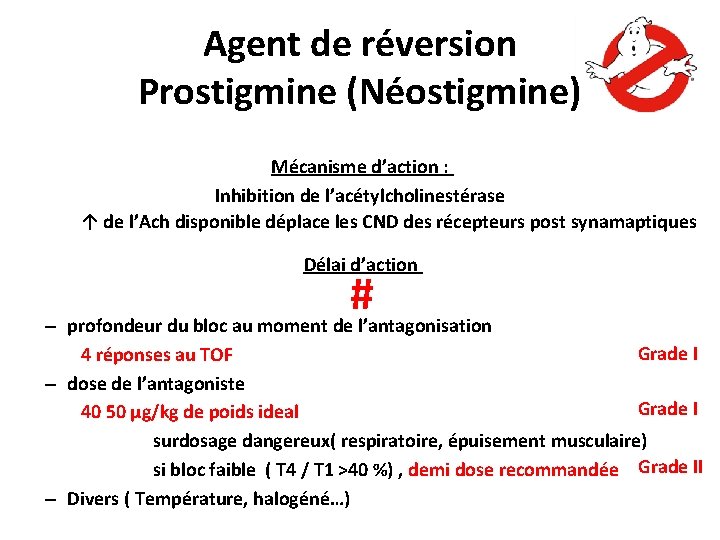 Agent de réversion Prostigmine (Néostigmine) Mécanisme d’action : Inhibition de l’acétylcholinestérase ↑ de l’Ach