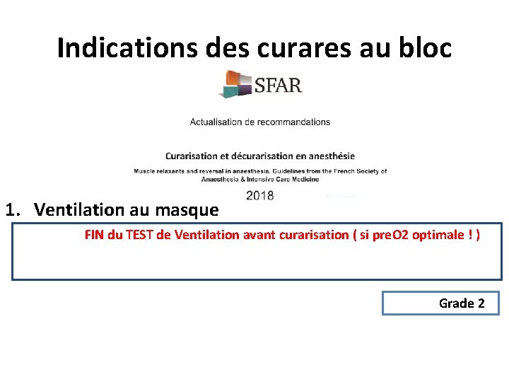 Indications des curares au bloc 1. Ventilation au masque FIN du TEST de Ventilation