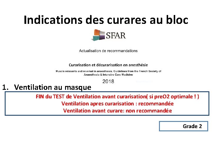 Indications des curares au bloc 1. Ventilation au masque FIN du TEST de Ventilation