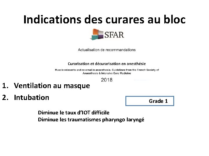 Indications des curares au bloc 1. Ventilation au masque 2. Intubation Diminue le taux