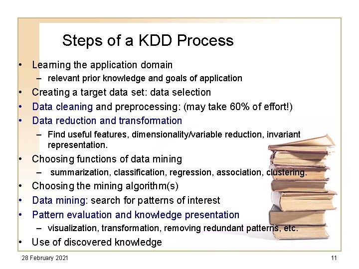 Steps of a KDD Process • Learning the application domain – relevant prior knowledge